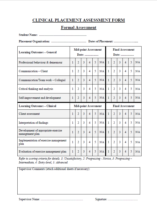 sample clinical placement student assessment griffith university nutrition assessment form template